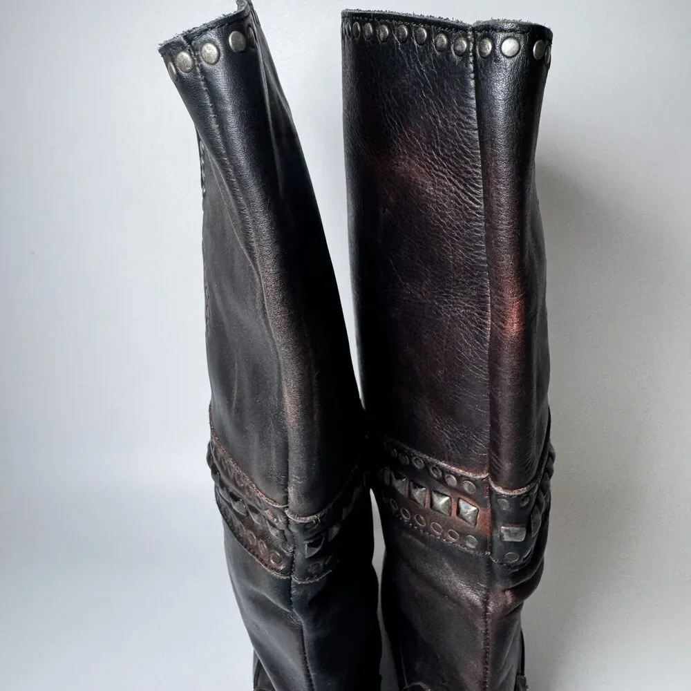 Free People Brown Leather Boots Womens EU 37  Tall Studded‎ Portugal Decorative - Picture 10 of 15